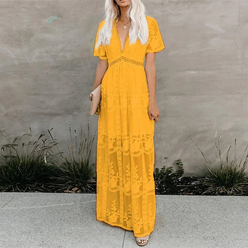 Spring Summer New Style Women's Long Sleeve V-neck Pure Color Lace Chiffon Dress Cross-Border Wedding Party Ball Gown