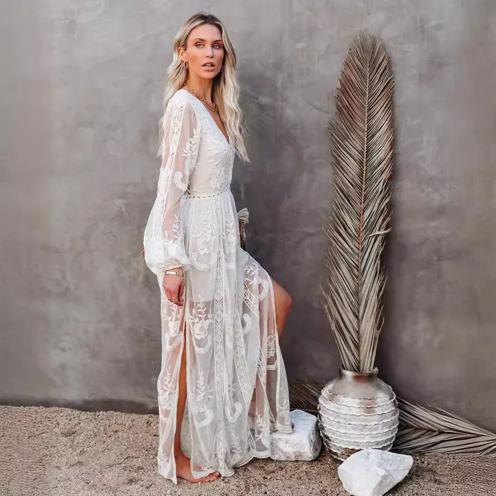 Spring Summer New Style Women's Long Sleeve V-neck Pure Color Lace Chiffon Dress Cross-Border Wedding Party Ball Gown