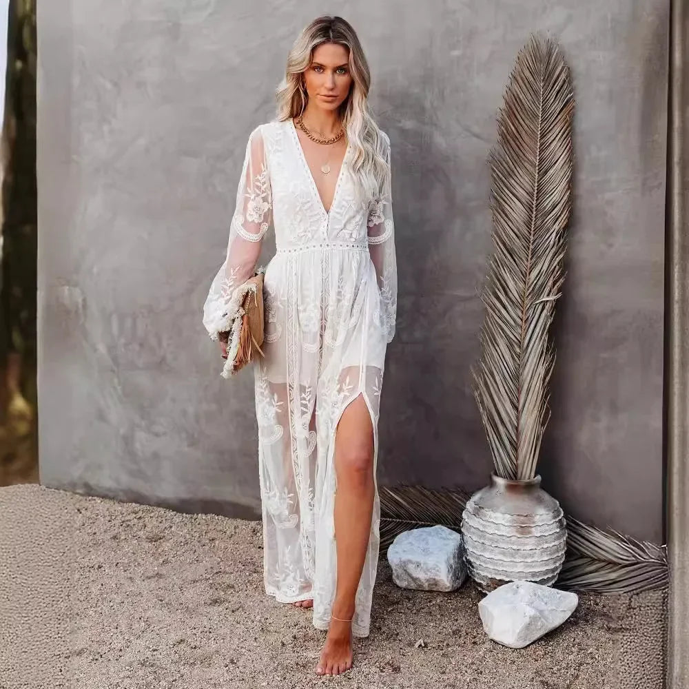 Spring Summer New Style Women's Long Sleeve V-neck Pure Color Lace Chiffon Dress Cross-Border Wedding Party Ball Gown