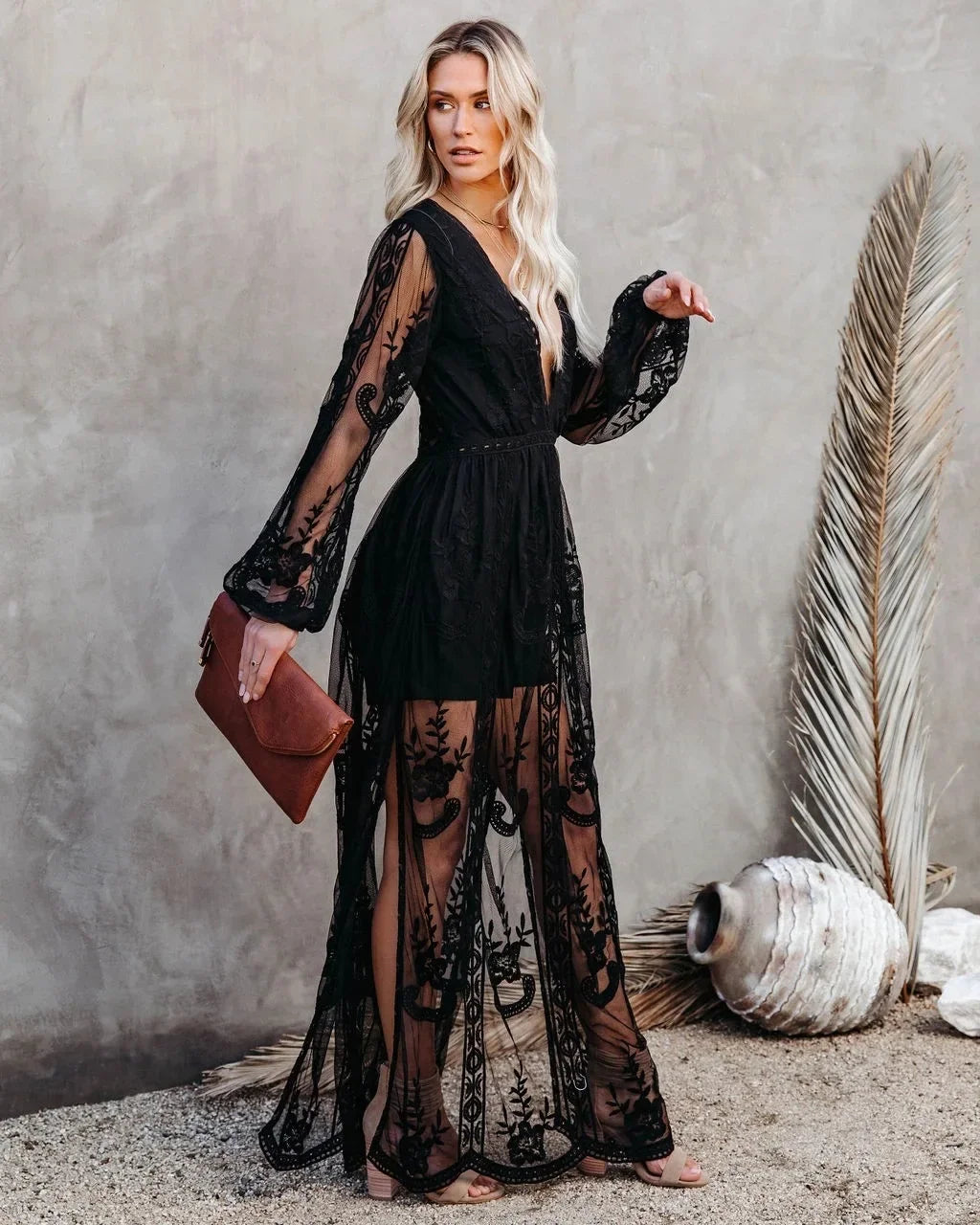 Spring Summer New Style Women's Long Sleeve V-neck Pure Color Lace Chiffon Dress Cross-Border Wedding Party Ball Gown