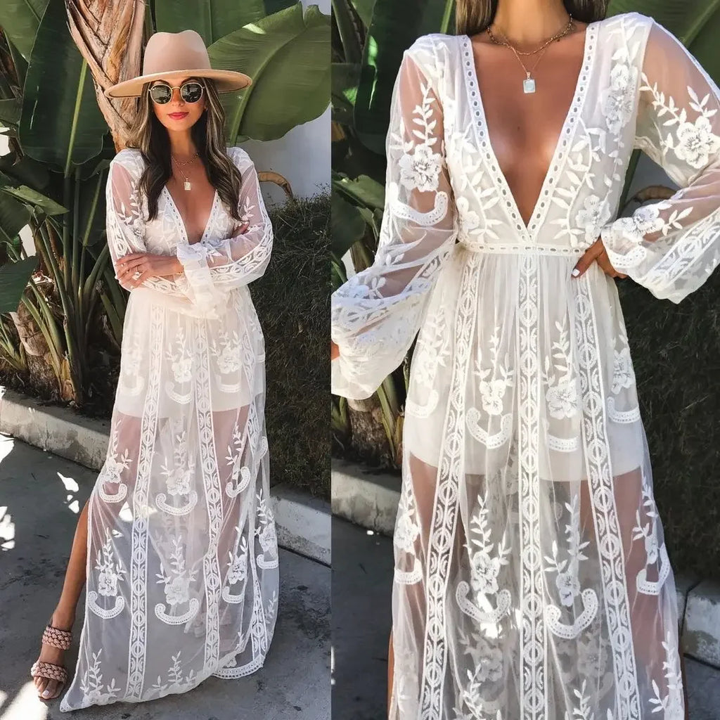 Spring Summer New Style Women's Long Sleeve V-neck Pure Color Lace Chiffon Dress Cross-Border Wedding Party Ball Gown
