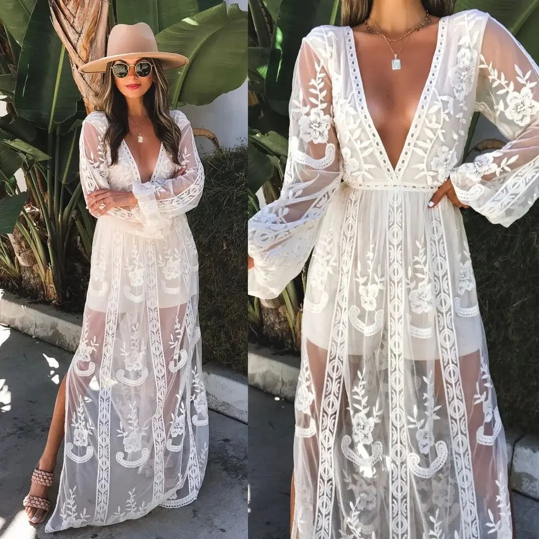 Spring Summer New Style Women's Long Sleeve V-neck Pure Color Lace Chiffon Dress Cross-Border Wedding Party Ball Gown