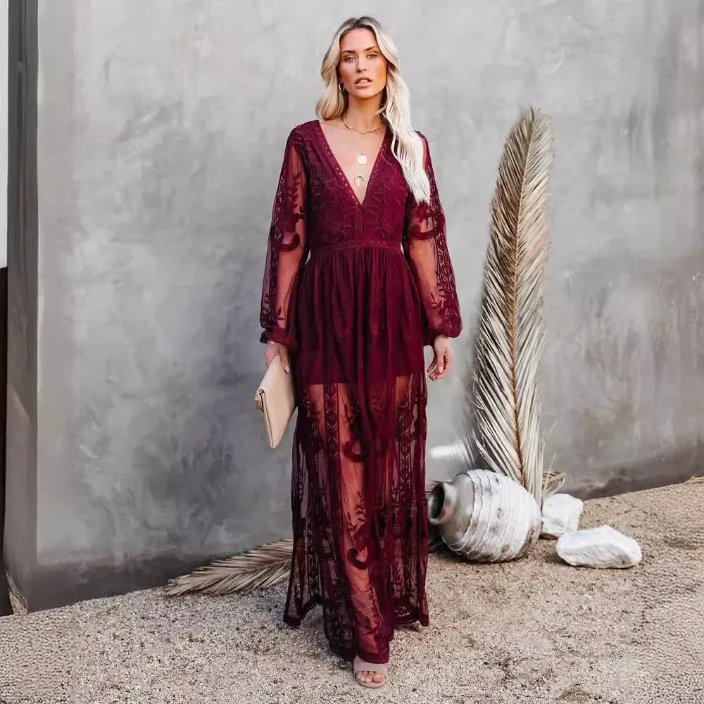 Spring Summer New Style Women's Long Sleeve V-neck Pure Color Lace Chiffon Dress Cross-Border Wedding Party Ball Gown